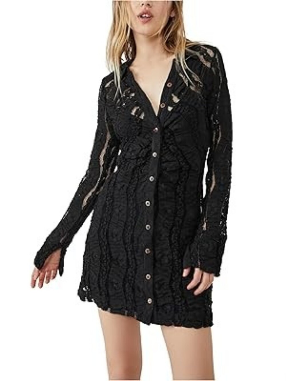 Free People Black Textured "Shayla" Lace Button-Down Mini Dress / Tunic